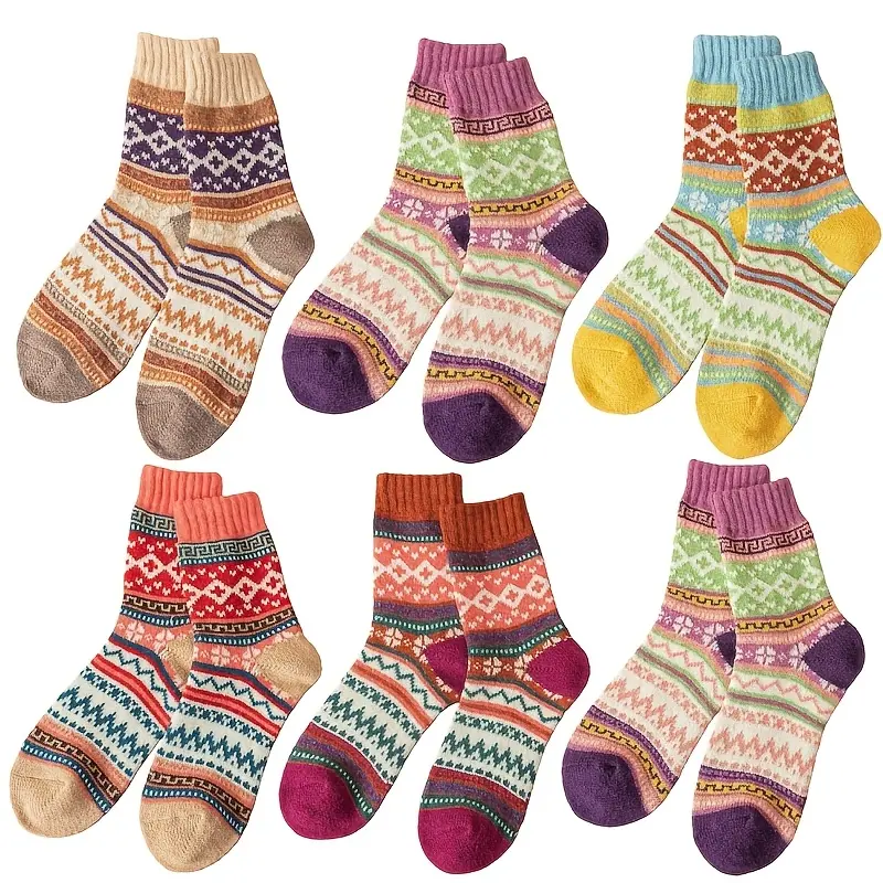 6 Pairs Vintage Boho Crew Socks for Women - Aesthetic Nordic Patterned Summer Lounge Socks, Lightweight Breathable Knit Socks for Sneakers Sandals