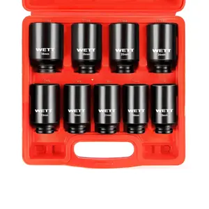 9-Piece SAE Extra Deep Impact Socket Set 1/2-Inch Drive Mechanics Tool Set Impact Compatible Wheel Axle Nut Wrench with Standard Adapter 29-38 Mm Large Sockets
