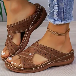 Women's Lightweight Non-Slip Wedge Sandals - Comfortable Open-Toe Beach Slippers with Adjustable Woven Strap, Casual Outdoor Walking Shoes, Brown Synthetic Leather, Beach Shoes | Perforated Details | Synthetic Material Upper Sandals, Lace-up Sandals