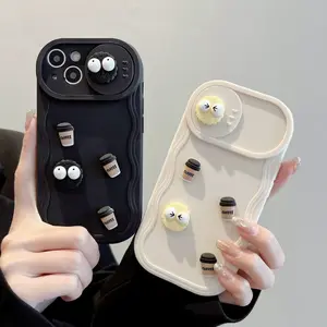 3D Coffee Coal Ball Wave Push TPU Phone Case Shockproof Waterproof for iPhone 12 to 16 Pro Max Unique Design with Adorable Coffee Cups Smartphone Cellphone