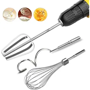 3-Piece Stainless Steel Hand Mixer Attachment Set-Whisk, Dough Hook, Egg Beater For Drills-Dishwasher Safe, 7.5 Inch (Drill Not Included)