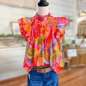 SageVell Tropical Floral Pleated Blouse with Drama Ruffled Sleeves Lightweight Cascade Pleat Top Bold Palm Leaf Print Boho Blouse Shirts Crewneck Fitted Red Womenswear Bohemian Cotton Fabric