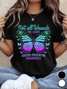 Men'S Not All Wounds Are Visible Suicide Awareness T-Shirt - Mental Health Support Shirt with Butterfly & Heart Design, Purple & Blue Ribbon Symbol, Short Sleeve Round Neck Casual Comfort Fit for Suicide Prevention Advocacy & Casual Attire, Therapist Appa