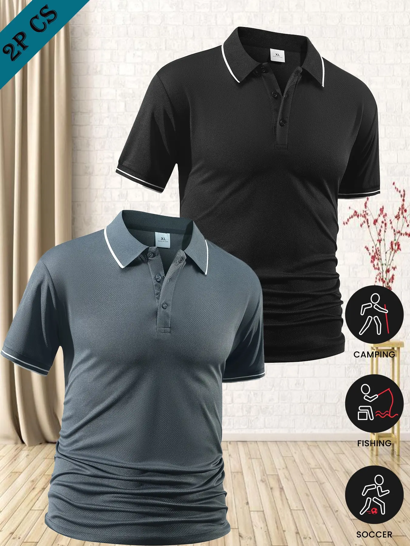 Men's Quick-Dry Polo Shirt Short Sleeve 2 Pack, Fitted Sportswear, Slim Fit Casual & Outdoor Functional, Athletic Style, Moisture-Wicking, Versatile for Commuting Camping Hiking, Athletic Workout Clothing