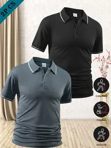 Men's Quick-Dry Polo Shirt Short Sleeve 2 Pack, Fitted Sportswear, Slim Fit Casual & Outdoor Functional, Athletic Style, Moisture-Wicking, Versatile for Commuting Camping Hiking, Athletic Workout Clothing