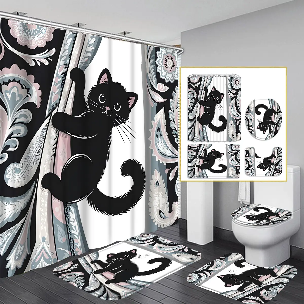 Ahty 4pcs Little Black Cat shower curtain set, vintage print shower curtain, black and white theme shower curtain, cat climbing curtain pattern shower curtain, shower curtain fabric bathroom decoration curtain with 12 hooks, non-slip bathroom mat Toilet m