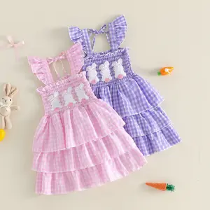 Babamoon Toddler Baby Girls Easter Dress Rabbit Embroidery Plaid Flying Sleeve Square Neck Summer Ruffled Dress 6M-4Y