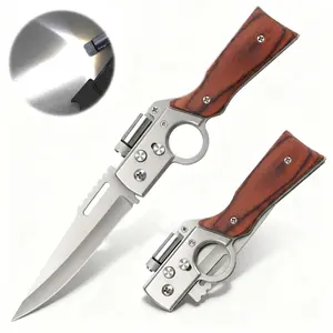 AK47 Style Tactical Folding Pocket Knife – EDC Gift for Men with LED Light, Wood Handle & Pocket Clip, Laser Engraving Ready, Outdoor Camping Hiking Gear