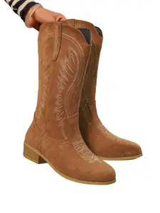 Vintage Embroidered Velvet Cowboy Boots for Women, Mid-Calf Round Toe Chunky Thick Heel Western Boots, Comfortable Daily Wear, Durable Material, Ideal Gift