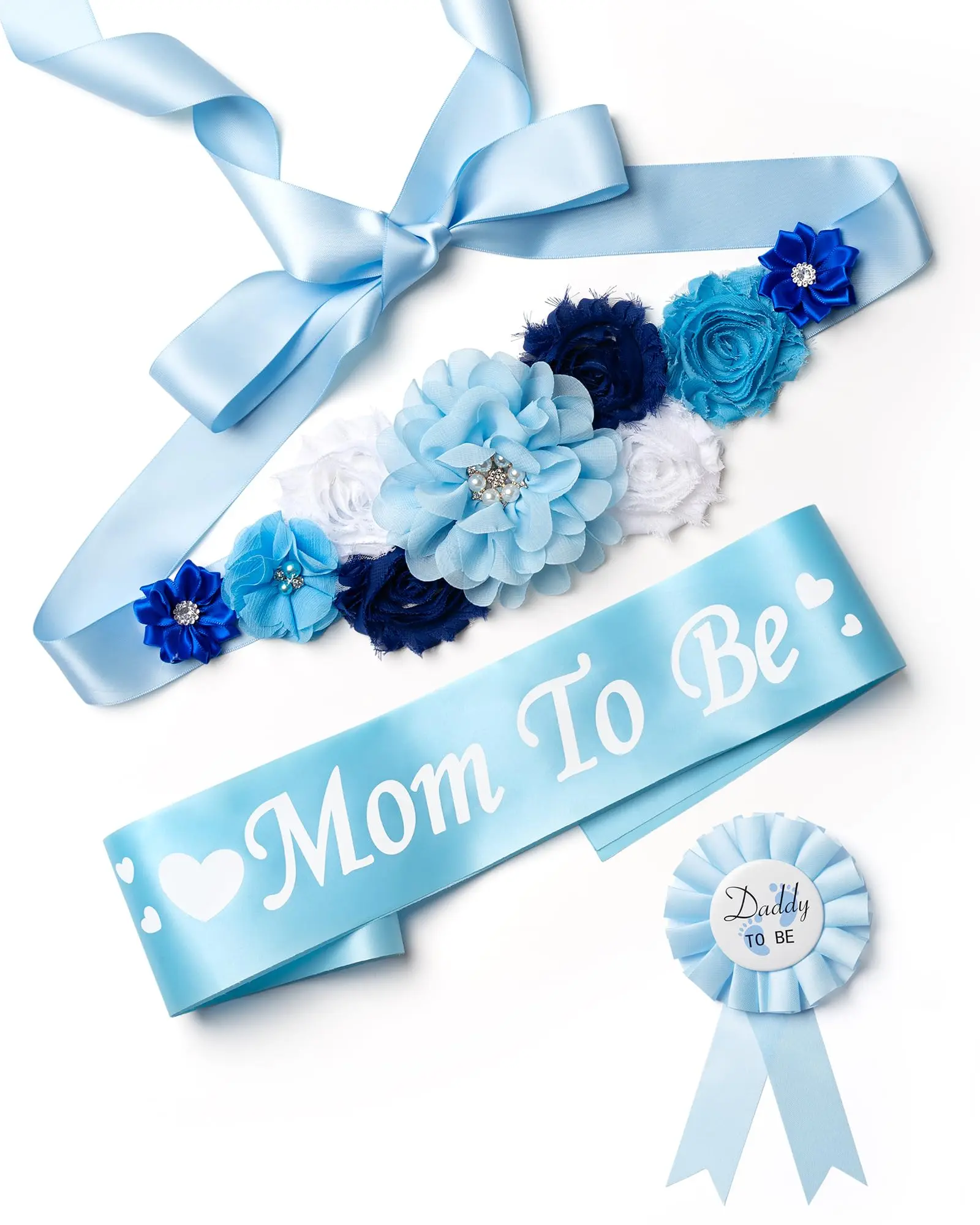 Maternity Supplies Accessory Set - Baby Shower Belly Sash Belt, Mom-to-Be & Dad-to-Be Button Pins, Gender Reveal Flower Sash