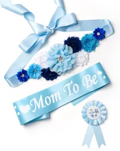 Baby Shower Maternity Sash Belly Belt, Mom to Be & Dad to Be Button Pin, Pregnancy Maternity Flower Sash Belt for Gender Reveal