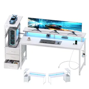 L Shaped Gaming Desk with Shelves Storage Drawers 52'', Black Computer Desks with LED Lights Power Outlets, Office Wood Table with PC Stand Cable Management for Bedroom Dual Monitor Streaming