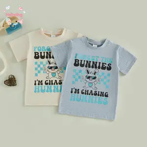 Kids Easter "Forget the Bunnies I'm Chasing Hunnies" Graphic T-Shirt, Retro Checkered Bunny Print Short Sleeve Tee, Funny Easter Outfit for Boys & Girls, Soft Cotton for Spring & Holiday