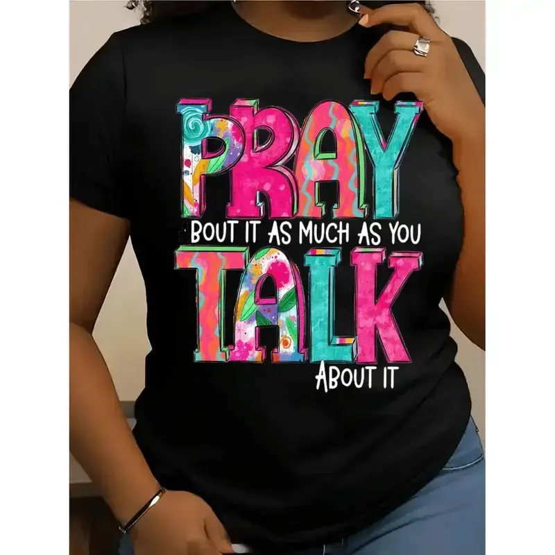 Women's Christian Graphic T-Shirt with Pray Bout It Floral Print, Casual Short Sleeve Cotton Streetwear, Religious Gift for Outdoor Wear, Solid, Shortsleeve, Essential, Unisex, Tshirt, Top, Fit, Lightweight