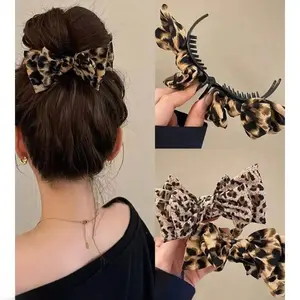 1PC Leopard Print Bow Hair Claw Clip - Vintage Double-Layer Big Bow Fabric Hair Accessory for Daily Wear