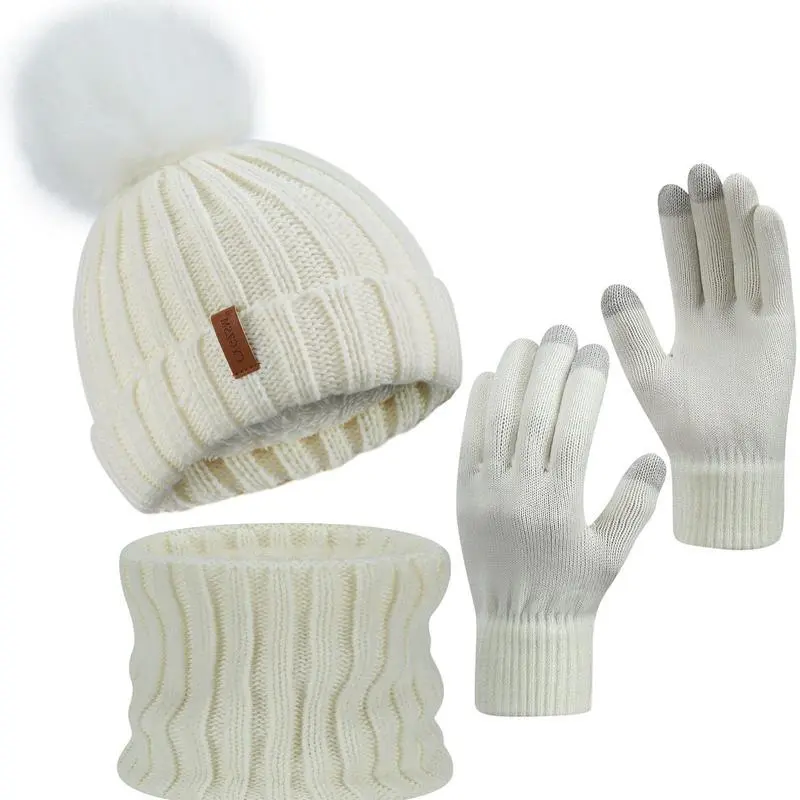 Unisex Classic Knitted 3-Piece Outdoor Set - 1 Size, High Elasticity Round Hat with Double-Layered Brim Detail, Thick Knit Scarf, Touchscreen Tips Gloves, Warm Plush Lining, for Cold Weather Mountain Climbing, Daily Commute