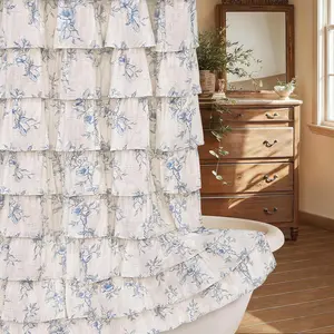 Farmhouse Floral Shower, Blue Ruffle Shower Curtains for, French Bath Waterproof Washable, 72 Wx72 L