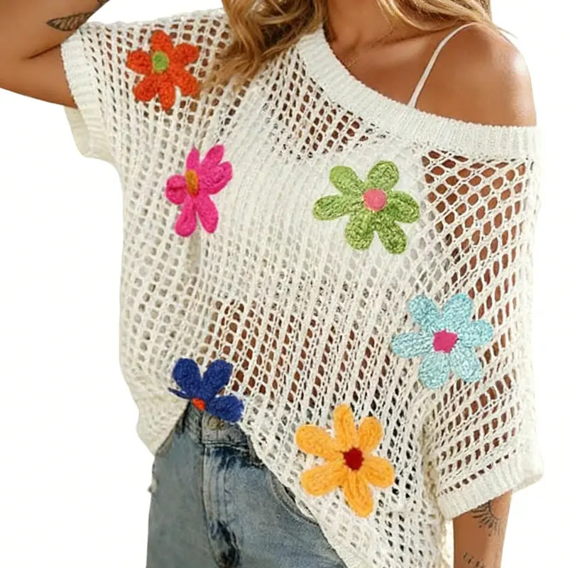 Women's Summer Crochet Floral Short Sleeve Pullover Knit Shirt, Bohemian Cover Up Boho Style Loose Fitting Beach Cover-Up for Trendy