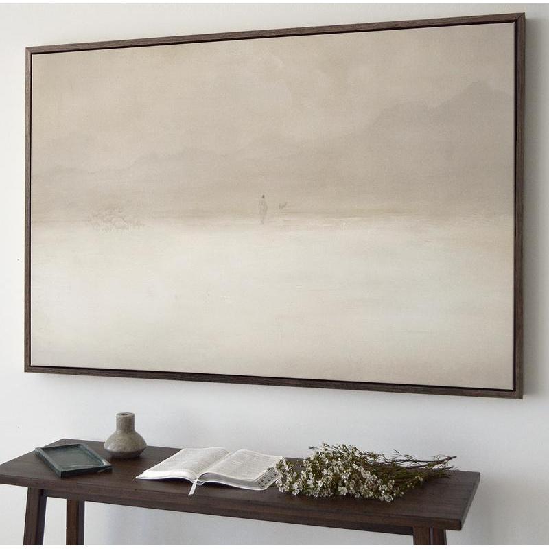 Premium Canvas: "Jesus Leaves the 99" Horizontal Sketch Bible Christian Faith Art. Features Beige, White, and Neutral Tones. Depicts the Lost Sheep and the Shepherd. Without Frame