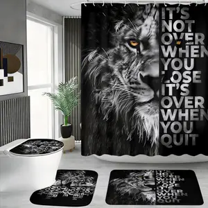 4pcs Inspirational Lion Shower Curtain and Mat Set – Featuring a lion head design, The floor mat fabric is thicker and softer! inspirational quotes, and bathroom Elegant Bathroom Decor