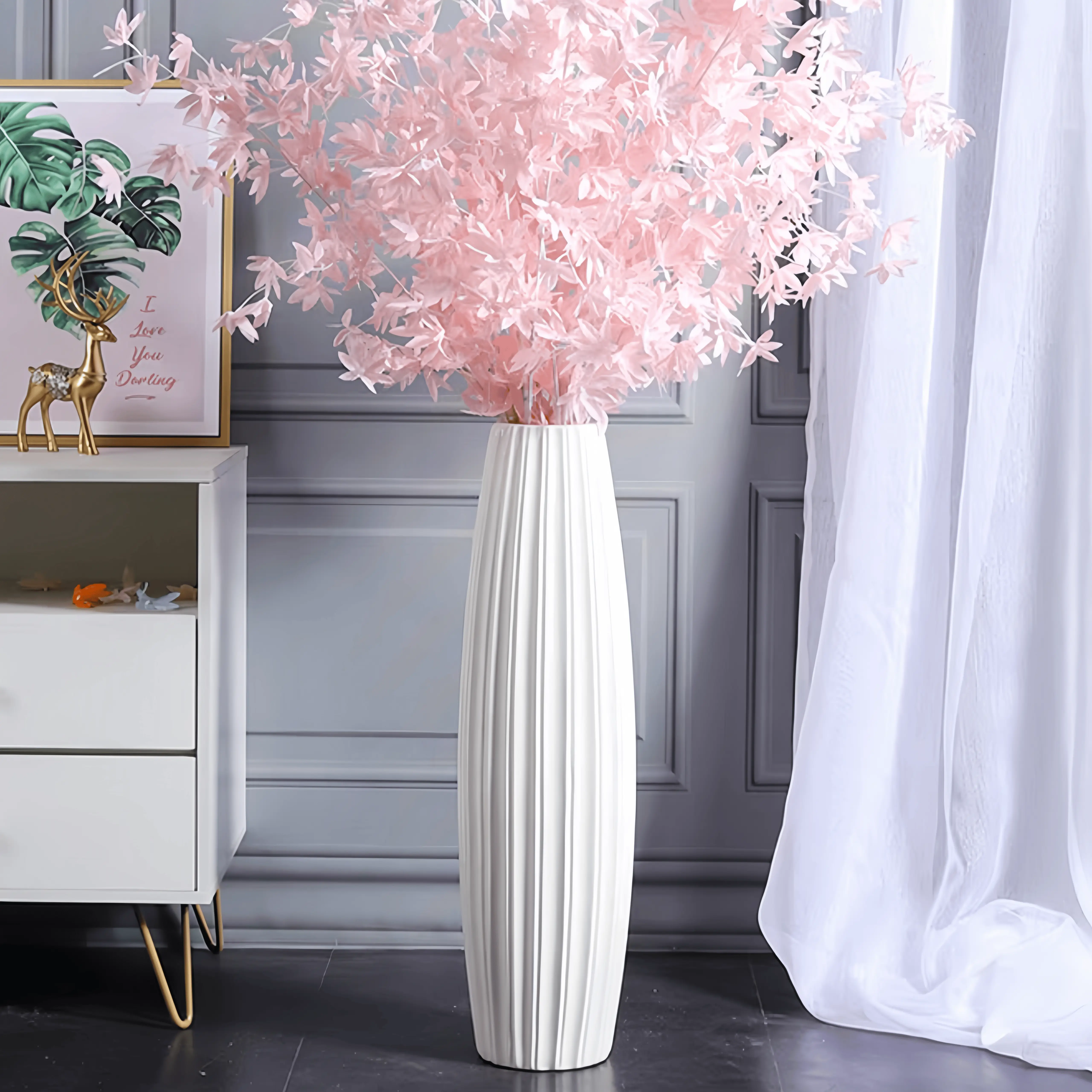 Large White Ceramic Floor Vase (40-71cm) - Handcrafted Modern Ribbed Pottery, Minimalist Home Decor for Pampas Grass, Dried & Faux Flowers, Living Room/Entryway - Housewarming Gift for Women