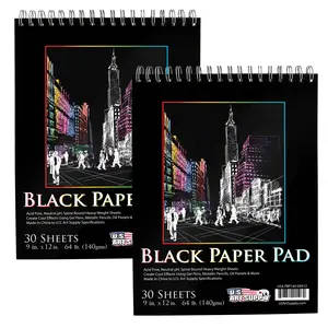 9x12" Premium Heavy-Weight Black Paper Sketchbook, 64lb (140gsm), 2 Pack, 30 Sheets, Spiral Bound, Black Paper Notebook for Colored Pencil, Markers, Oil Pastels, Chalk, Charcoal