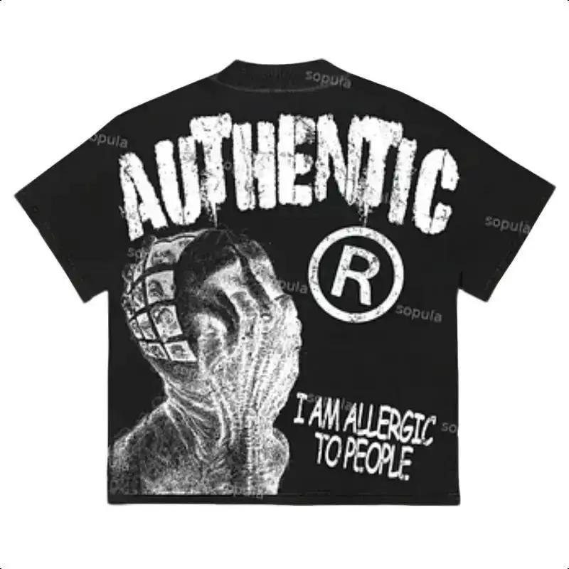 FEEGO Vintage Classic Round Neck Short-Sleeve Customized Tee, Men's Cotton "I Am Allergic To People" Graphic Print Oversize Breathable Soft Black T-Shirt