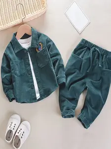 Spring Autumn New Boys Striped Embroidered Corduroy Lapel Long Sleeve Jacket Pants Two-Piece Fashion Casual Set