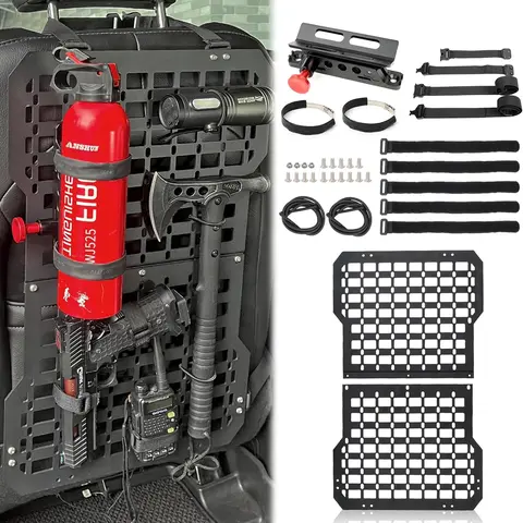 MAIKER Rigid MOLLE Vehicle Panels - Aluminum Alloy Frame Universal Automotive Accessories, Heavy Duty High Strength Seat Back/Rear Cargo Organizer, 1* Fire Extinguisher Bracket, Hook-and-Loop Fasteners, Elastic Rope, Wear/Fatigue Resistance, Gear Securing