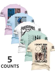 Men's Summer Fashion Round Neck Casual Short Sleeve T-Shirt, Comfortable Flag Print Outdoor T-Shirt Set of 5, Perfect Gift for Him