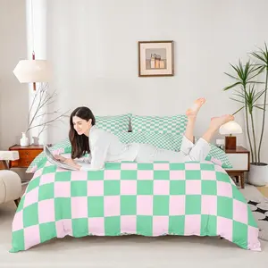 Pink Green Grid Duvet Cover Set,Reversible Geometric Plaid Square Bedding Set,Kids Boys Girls Room Decor,Soft Lattice Checkerd Quilt Cover,No Comforter