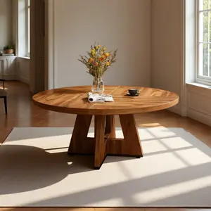 47 Inch Farmhouse Round Dining Table - Pedestal Base Small Space Table with Walnut Finish (Seats 4-6)