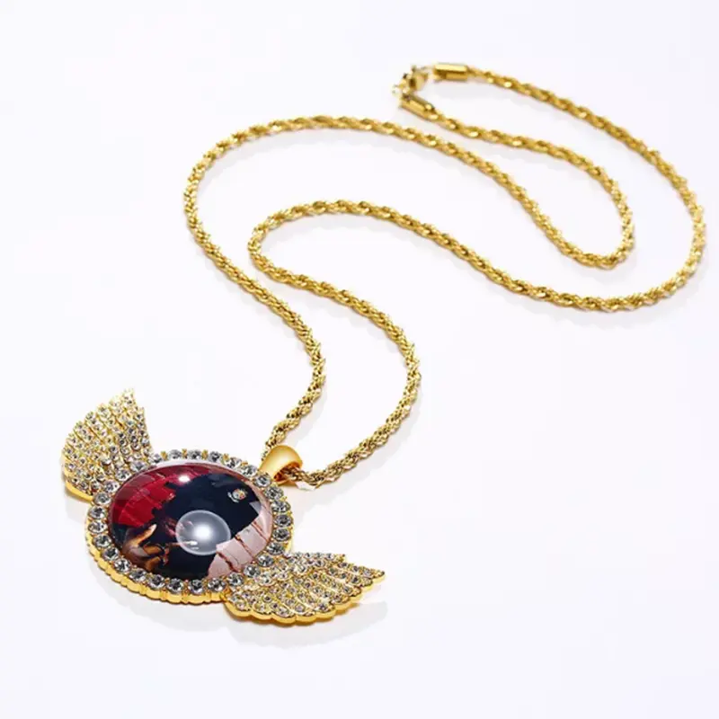 Custom Photo Pendant Hip Hop Memory Necklace - Angel Winged Chain, Men's Personalized Fashion Jewelry, Custom-Made Accessory Gift, Winged Necklace