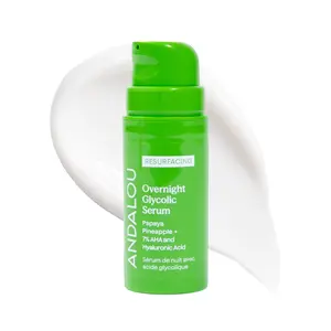 Andalou Resurfacing Overnight Glycolic Serum - 7% AHA (5% Lactic + 2% Glycolic Acids), Papaya + Pineapple Enzymes, Hyaluronic Acid Complex – Exfoliating Glow Serum for Smooth, Plump Skin, Minimizes Fine Lines and Wrinkles - 1.0 fl oz