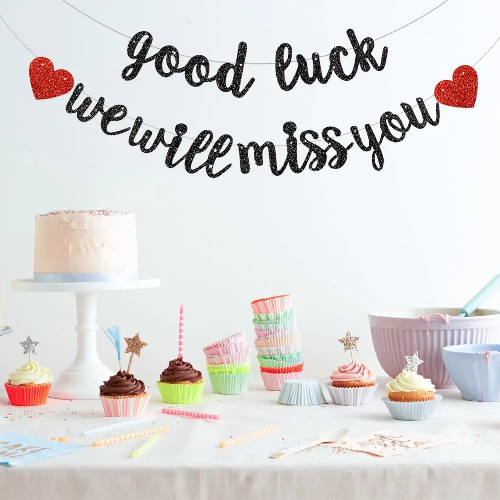 Black Good Luck We Will Miss You Banner,Pre-Strung Glitter Retirement Party Sign Garland,Going Away Farewell Party Decorations, Graduation Party Supplies (No DIY）