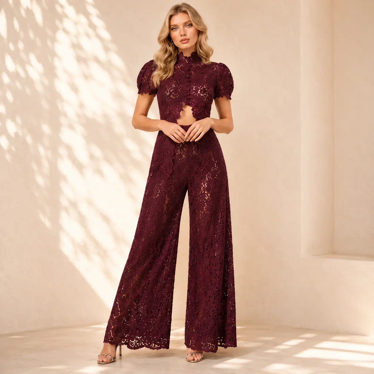 Women's Boho Lace 2 Piece Matching Set Halter Crop Top Bell Sleeves High Waisted Wide Leg Pants Beach Vacation Festival Resort Outfit Summer classy two piece sets