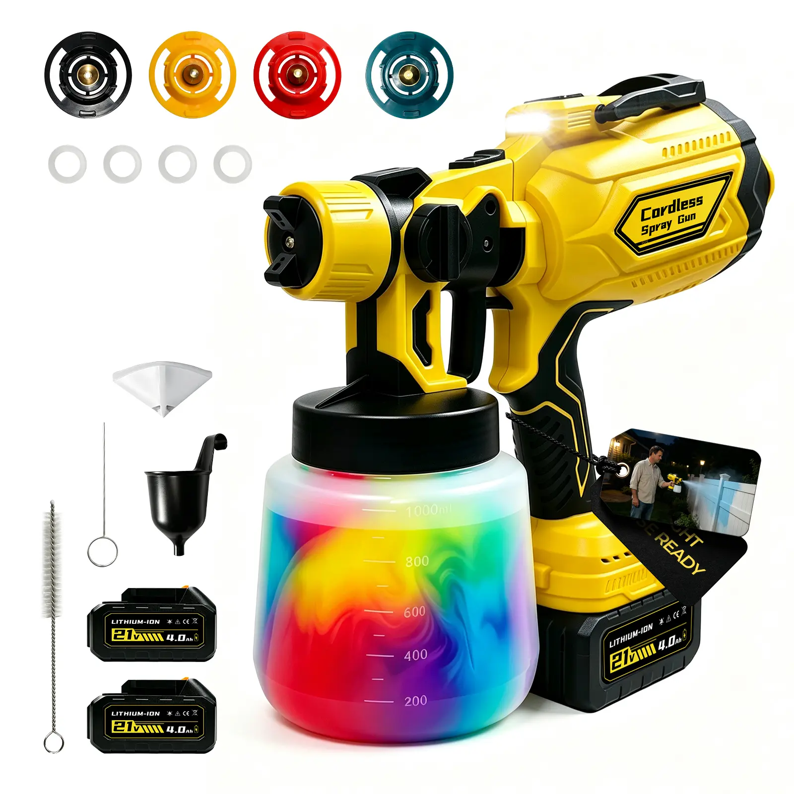 Cordless Paint Sprayer with LED Light and Spray Paint Gun 2 x 4.0Ah | 1000ml Cordless Spray Gun Cord Free 4 Nozzles 3 Spray Patterns House Painting,Furniture,Cabinets,Doors,Fences,Indoor Outdoor