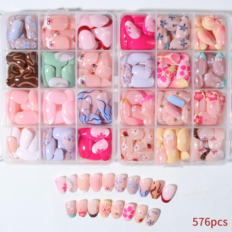 576pcs Short Oval Floral Print Fake Nails Set, Heart Bow Stripe Design, Glossy Finish, Reusable Press-On Nails for Women Girls
