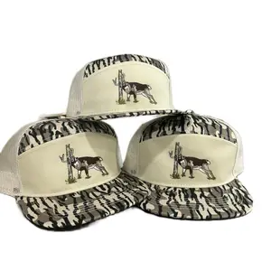 Shop 309 "Buck in Rut" Tan Bottomland 7 Panel Embroidered Hat with Camo Mesh Design
