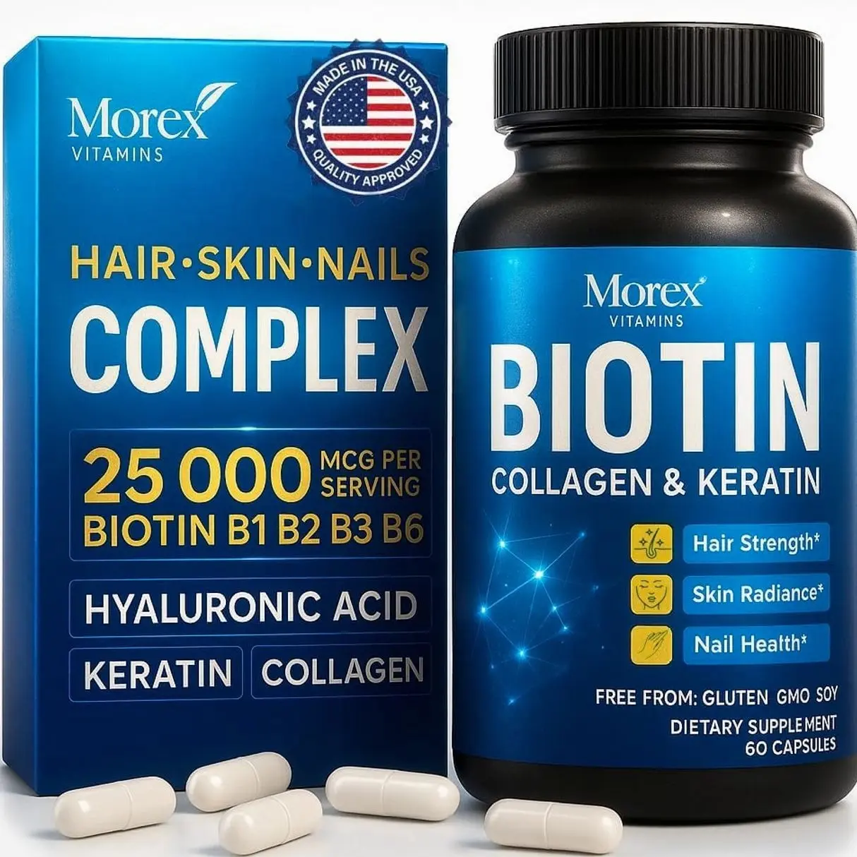 Biotin Collagen Keratin Supplement with Hyaluronic Acid – 25,000 mcg Hair Growth Vitamins for Men and Women – Thickness & Hair Loss Support Complex – Stronger Nails & Healthy Skin – 60 Capsules
