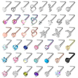 44 Pack Hypoallergenic Nose Rings Jewelry Set 20G Surgical Stainless Steel Studs Heart Star Moon Butterfly Styles Unisex Accessories with Storage Pouch Perfect Holiday Gifts