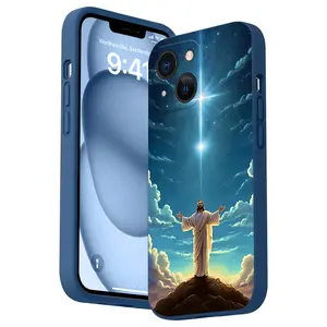 Spiritual Beacon Jesus Pattern Straight Edge Phone Case for iPhone 15 16 14 Pro Max 13 12 11 XR XS Plus Shockproof Non Slip Military-Grade Protective Silicone Cover Cellphone Protective