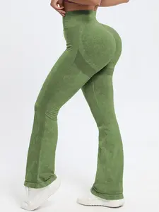 Women's Solid Color Ruched Textured High Waist Sports Leggings, High Stretch Casual Comfy Breathable Flare Leg Skinny Trousers for Yoga Gym Workout, Ladies Sportswear for All Seasons, Skinny Yoga Bottoms