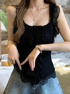 Women's Plain Ribbed Ruffle Trim Crop Cami Top, Casual Sleeveless Cropped Top for Summer, Fashion Women's Top for Daily Wear