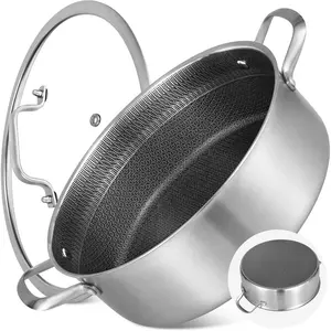 7 QT Large Deep Frying Pan with Lid, 12 Inch Nonstick Triply Stainless Steel Skillet Saute Pan, Ceramic Hybrid Honeycomb Cookware for Family Meal – Oven & Induction Ready, Riveted Handles