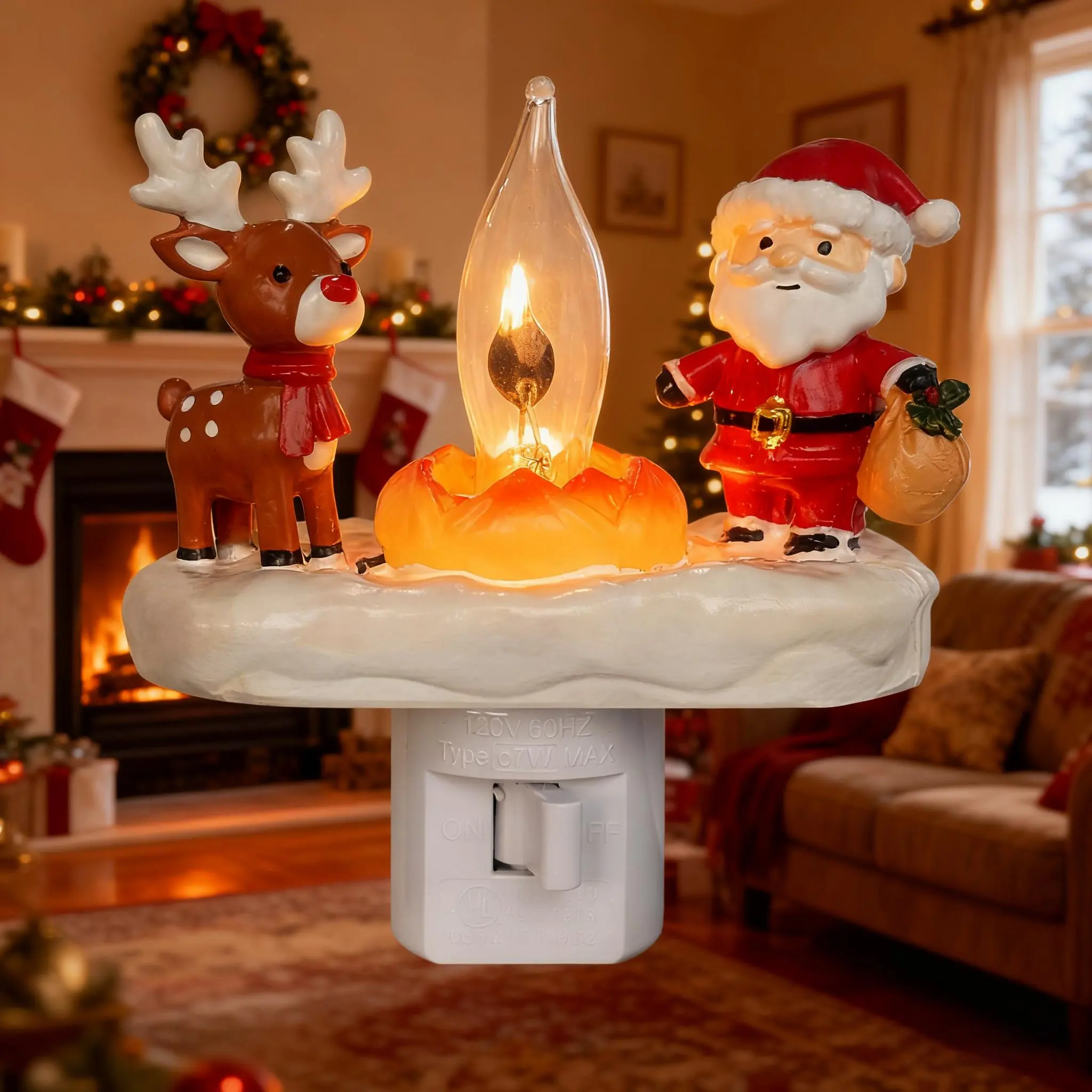Handmade Resin Christmas Santa Claus & Rudolph 0-5W LED Flickering Flame Plug-in Campfire Ambient Night Light - Decorative Lights, Home Decoration Lamp, Kid Room Festive Craft Gift