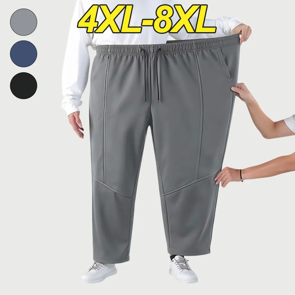 4XL–8XL Men’s Plus Size Loose Casual Pants, two styles available: cuffed/jogger fit with straight cut and flat waistband; drawstring elastic waist; comfortable, breathable oversized fit suitable for outdoor activities, commuting, and casual wear.