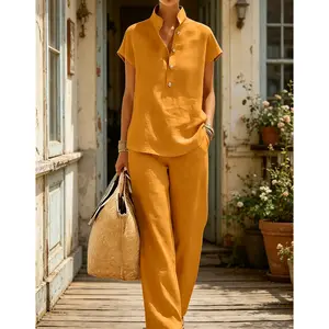 Women's Summer Short Sleeve + Long Pants Set, Solid Color Linen Cotton Design, Simple Fashion Style, Ideal for Vacation and Casual Wear, Button, Womenswear