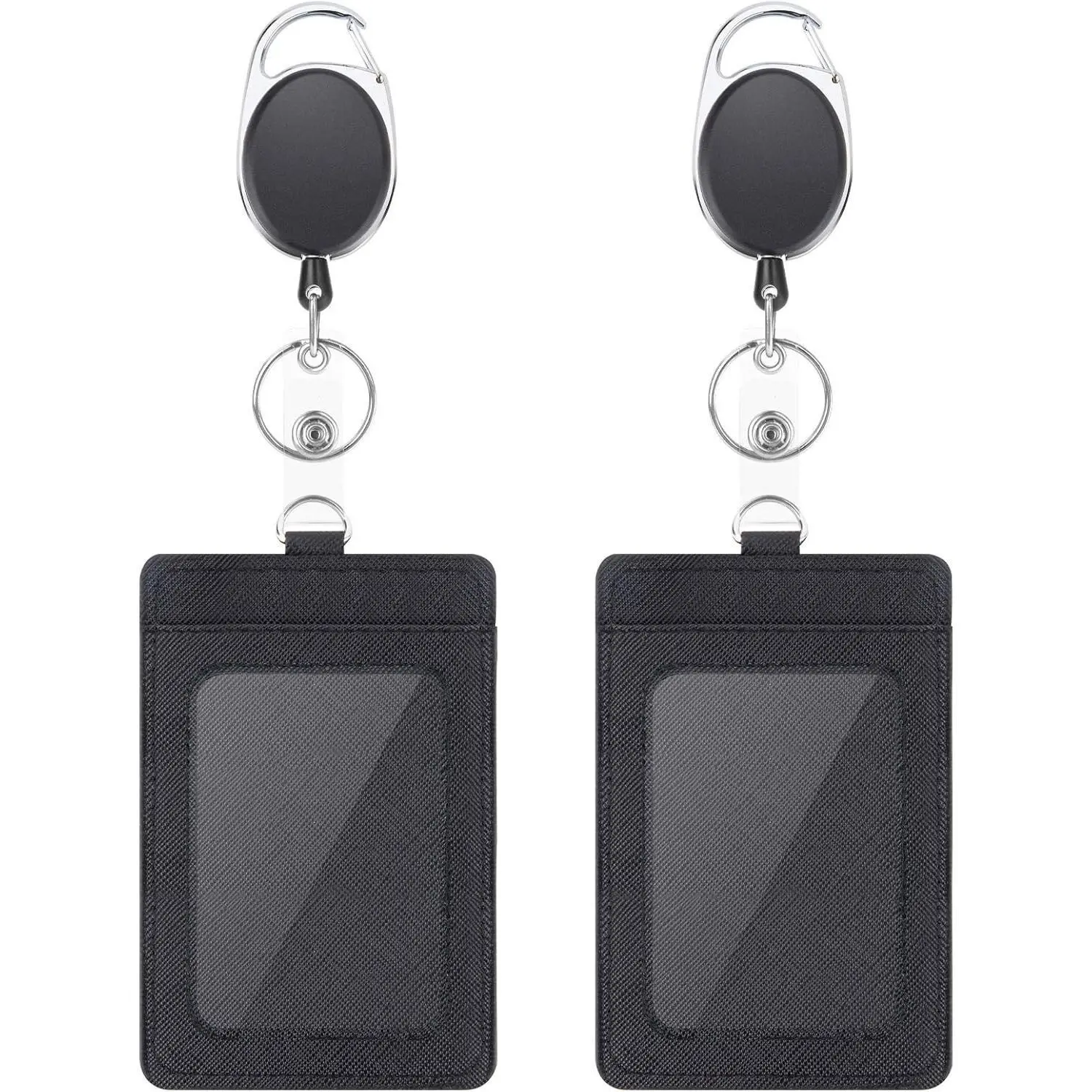 BY-345  2 Pack Badge Holders and Heavy Duty Retractable Reel Clips keychain Set  , Vertical Leather ID Badge Holders with 1 Clear ID Window & 2 Credit Card Slots (Black-2pcs)'