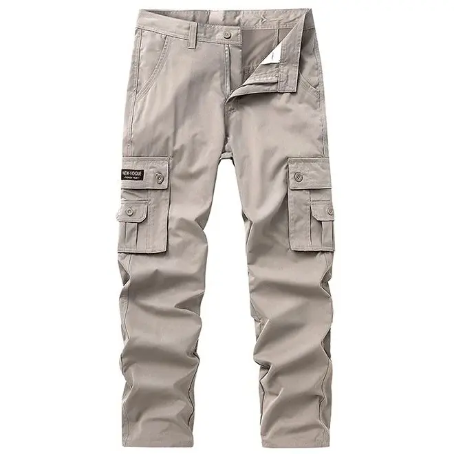 Men’s black straight-leg cargo pants with buttoned flap side pockets, classic workwear utility casual long trousers